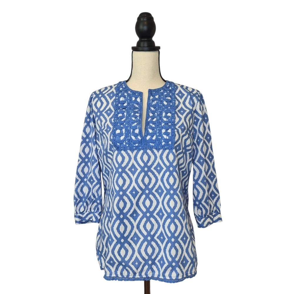 Vineyard Vines Top Tunic Scribble Latice Blue White Geometric Print Womens Sz S